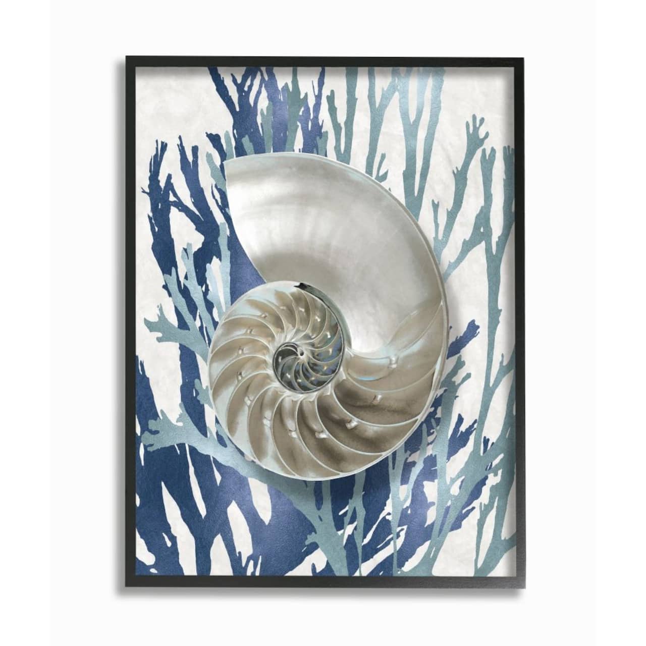 Stupell Industries Shell Coral Beach Blue Design Framed Wall Art